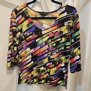 Valentina Multicolor Embellished V-Neck 3/4 Sleeve Stretchy Blouse Size: Small